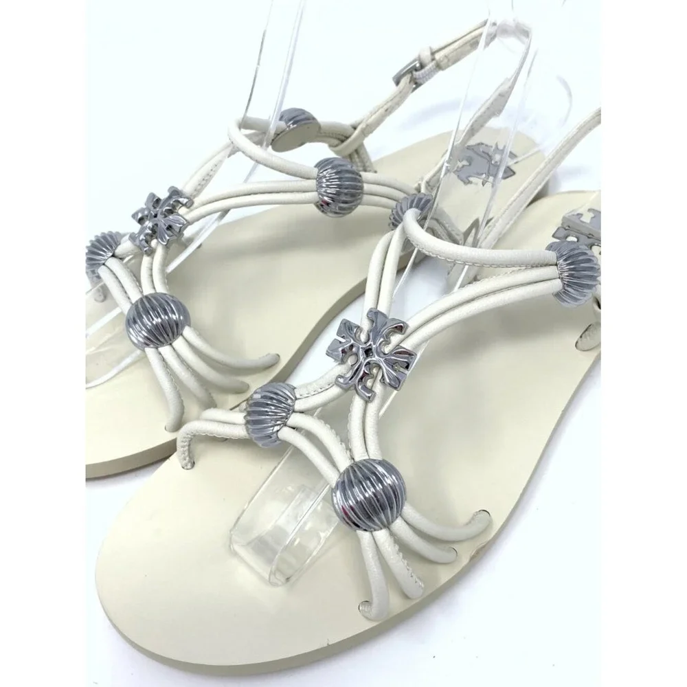 TORY BURCH CREAM LEATHER GLADIATOR SANDALS WITH SILVER HARDWARE NEW IN BOX